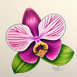 a drawing of a purple flower on a white paper,a very pretty colored flower with large green leaves