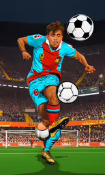 a man that is standing in the grass with a soccer ball,a painting of a soccer player in action with a ball