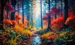 a painting of the forest with stream passing through it