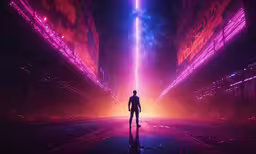 an animation scene showing a person standing in the middle of an empty city,a man walking into an illuminated space during the night