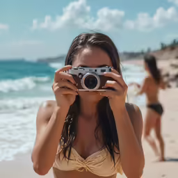 there is a woman on the beach taking a photo