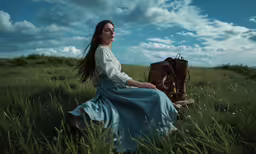 a woman sitting in a grassy field with a hand bag