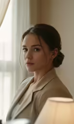 a woman sits in a room next to a window