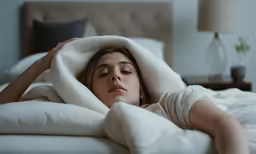 a woman is laying in bed covered by a blanket