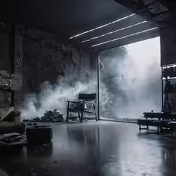a scene with smoke, a bench and a mirror