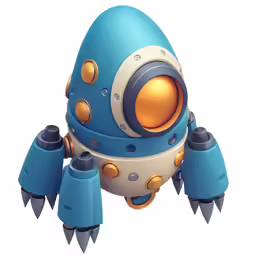a blue and orange robot with spiked horns