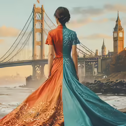 an image of a woman in an orange and blue dress standing with the golden gate bridge in the background