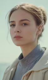 a woman wearing a tan jacket with large earrings