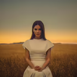 a woman sitting on top of a grass covered field