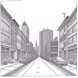 a cityscape with cars and tall buildings,a line drawing of city streets with vehicles,a black and white drawing of street in the city,an illustration of some buildings on the side of a road,a drawing shows a city street lined with buildings