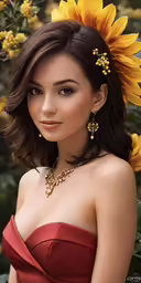 a girl with large sunflower in her hair posing for a photograph