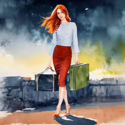 a red headed woman carrying two suitcases in her hand,a painting of a woman with red hair carrying two suitcases