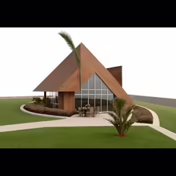 a model house sitting in a field near a palm tree