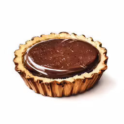 a pie tin with chocolate icing inside on white background