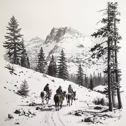 two people ride horses up a snowy hill