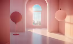 an open doorway in a pink room, with three balls on the wall