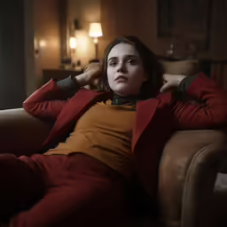 a woman sitting in a couch wearing a red jacket
