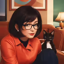 a woman and cat wearing glasses while sitting on a couch