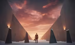 an artist is standing near two large concrete structures