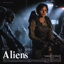 a woman stands next to an evil looking robot