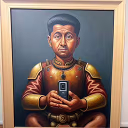 a painting of an indian man holding a cellphone