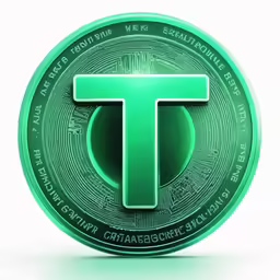 a green glowing t coin with some words above it