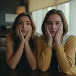 two girls sitting on a couch with their hands behind their heads