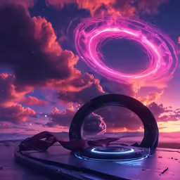 an artistic photo of a purple neon ring in the sky above some rocks