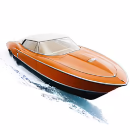 an orange, two - tone, and black boat in the water