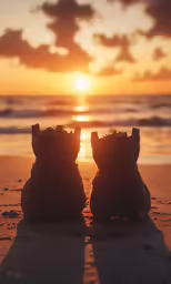 two small black teddy bears are sitting on the beach