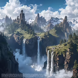a painting of water flowing down some mountains