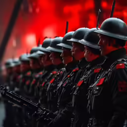 military women in helmets holding guns in formation