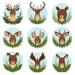 twelve deer heads with different horns in the grass,a set of nine deer heads in various ways