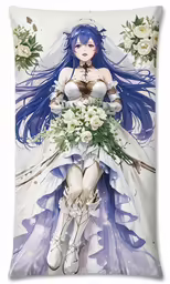 a pillow that has a woman with blue hair sitting on top of it