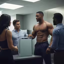 a group of people standing around a body building machine