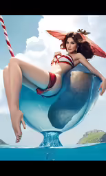 a woman wearing a bikini and holding an umbrella rides on a whale