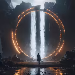a person standing in the rain surrounded by a large circular object