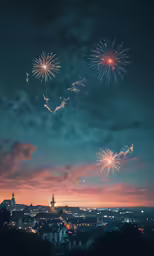 a night view of some buildings with fireworks coming out of it