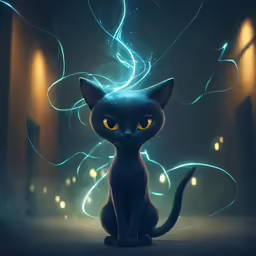 a cat with glowing eyes sitting in the middle of a tunnel