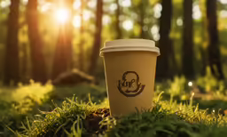 a cup of coffee sits in the grass
