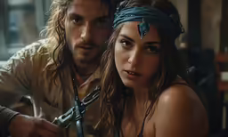 a woman next to a man with scissors in his hands