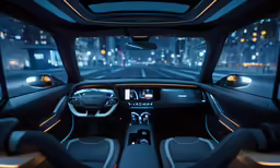 a car dashboard and seats inside the car