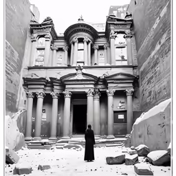 a person standing outside of a large building