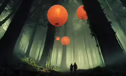 two people walking through the woods with paper lanterns