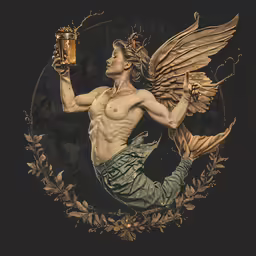 a painting of a man holding up a beer in a circle
