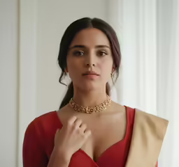 a model in a red dress wearing a choker necklace