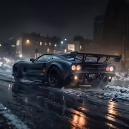 the car is driving down a snowy street at night