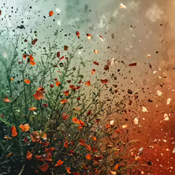 a bunch of water bubbles are flying around the leaves