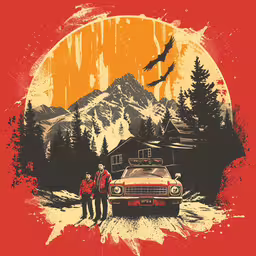 two people standing beside a red car with a bird flying over it,an old red car with two people next to it in front of mountains