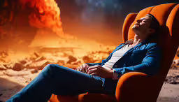 a man sitting in an orange chair with mountains in the background,man relaxing on orange chair in front of huge lava in the background